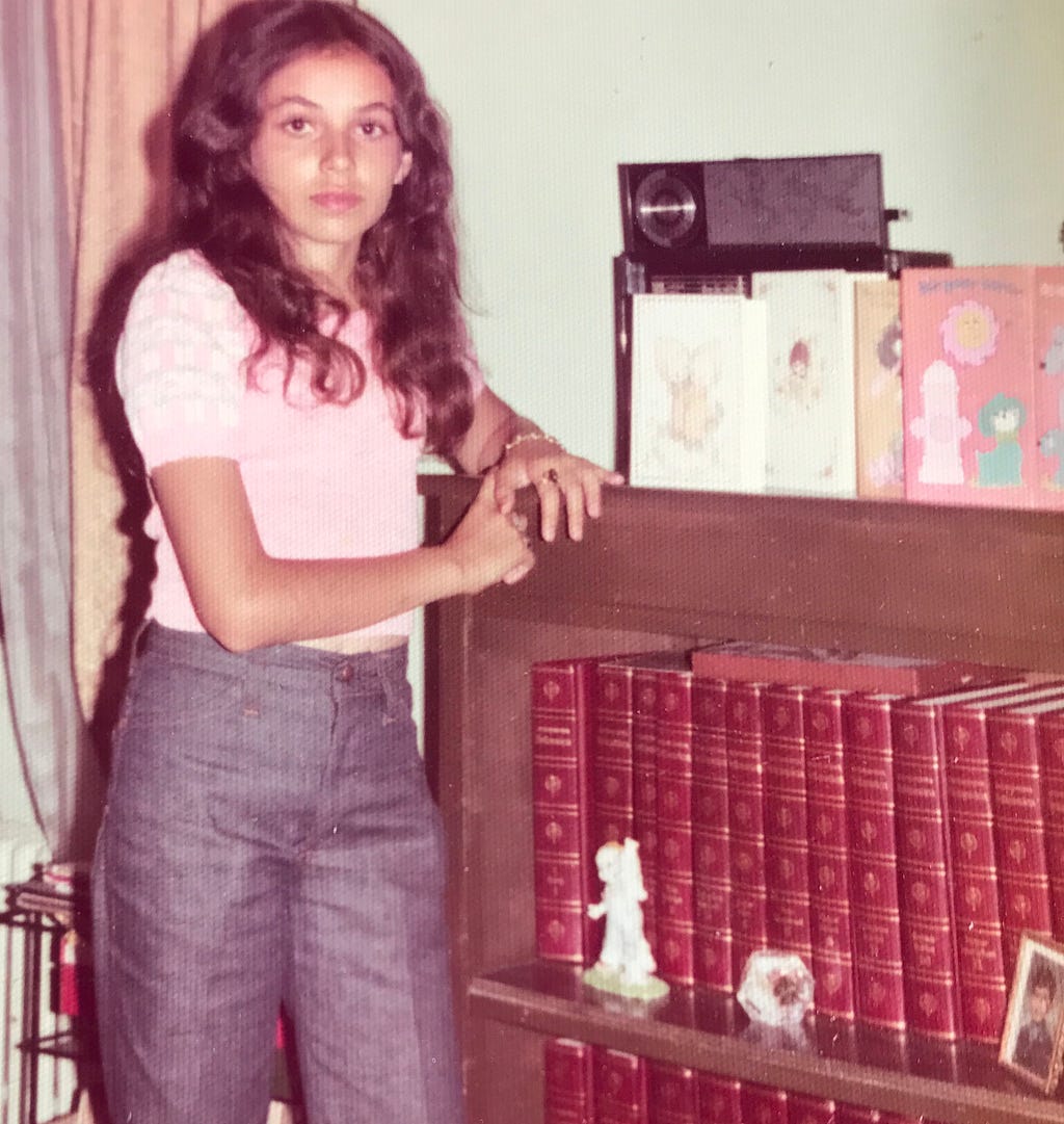 Author’s sister, Maria del Pilar, posing in front of the Encyclopedia Britannica set on her 13th birthday. (Matiz family archives.)