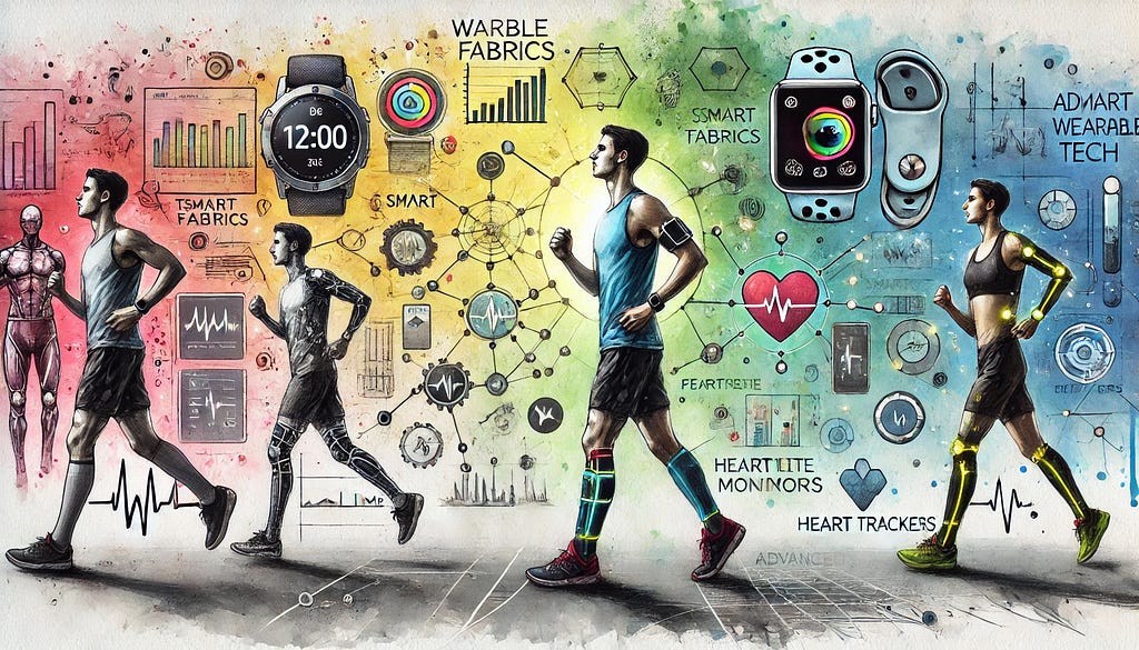 Here’s a watercolor painting that illustrates the revolution of wearable technology in the sportswear industry. It starts on the left with an athlete using traditional training methods and progresses to the right, showing athletes equipped with advanced wearable tech like smart fabrics, fitness trackers, and real-time performance monitors. The transition emphasizes the transformative impact of technology on athletic training and competition.