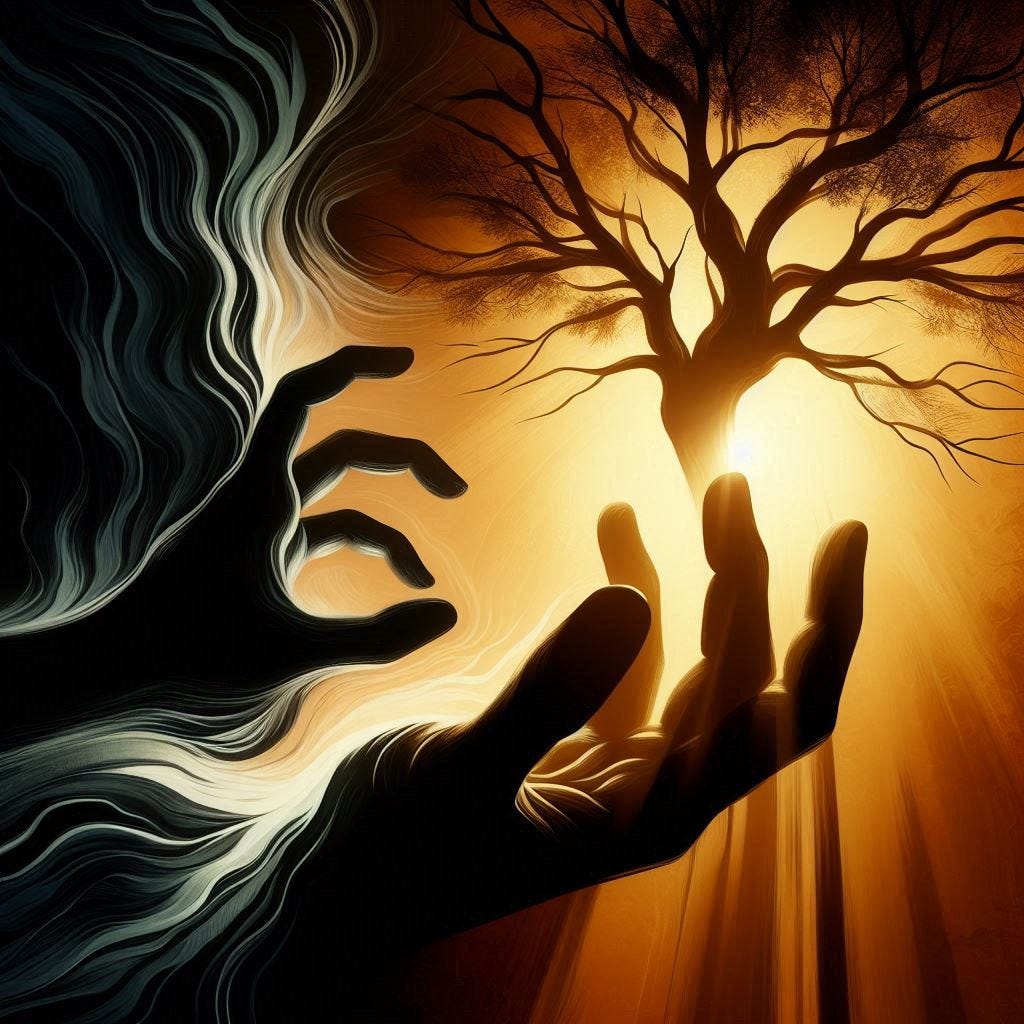 The image presents a powerful visual metaphor for the concepts of Jungian psychology and the Wetiko myth. It features a hand reaching out towards a barren tree, symbolizing the human psyche’s attempt to connect with and understand the deeper aspects of nature and the unconscious. The gradient of orange and yellow in the background evokes the dawning of awareness or enlightenment, while the flowing patterns around the hand and tree resemble the dynamic movement of energy or spirit.