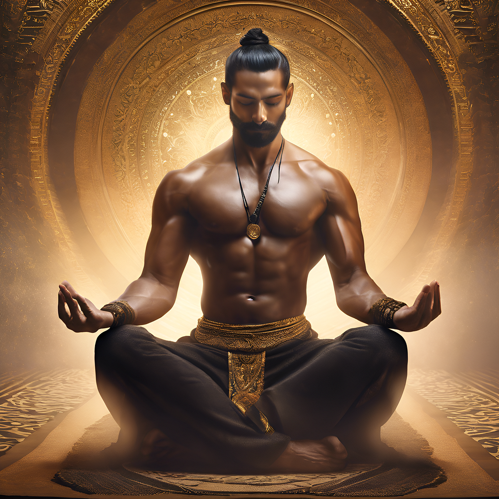 Beautiful shirtless yoga master with a sculpted bronze skinned torso meditating in a temple filled with golden light.