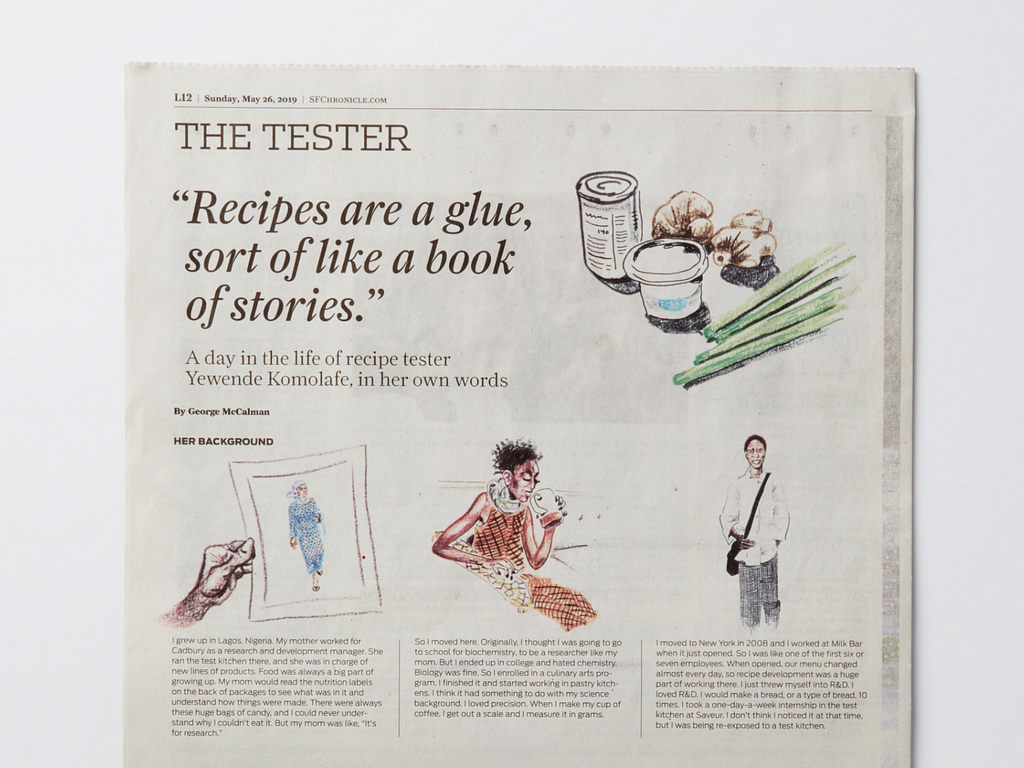 Illustrated newspaper interview with the title text “The tester, a day in the life of recipe tester Yewende Komolafe, in her own words.: