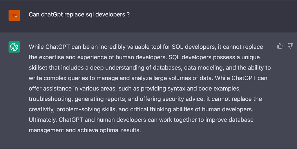 Can ChatGPT replace SQL developers? (ChatGPT Answer, Asked by the author)