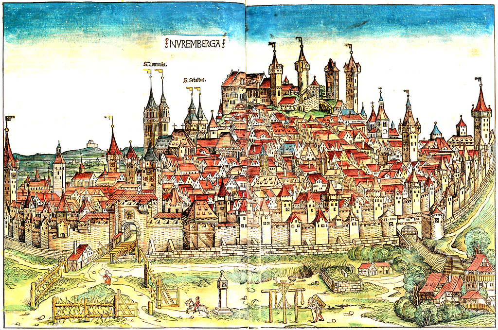 Attribution: Woodcut of Nuremberg by Hartmann Schedel, Public domain, via Wikimedia Commons