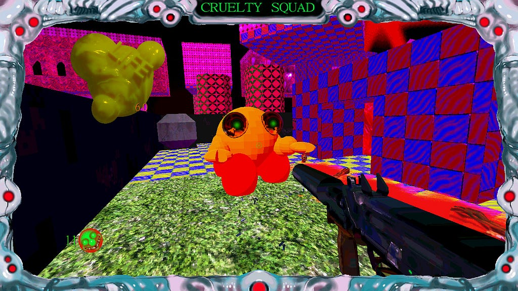 Screenshot of Cruelty Squad, with the player aiming a silenced SMG at a round enemy.