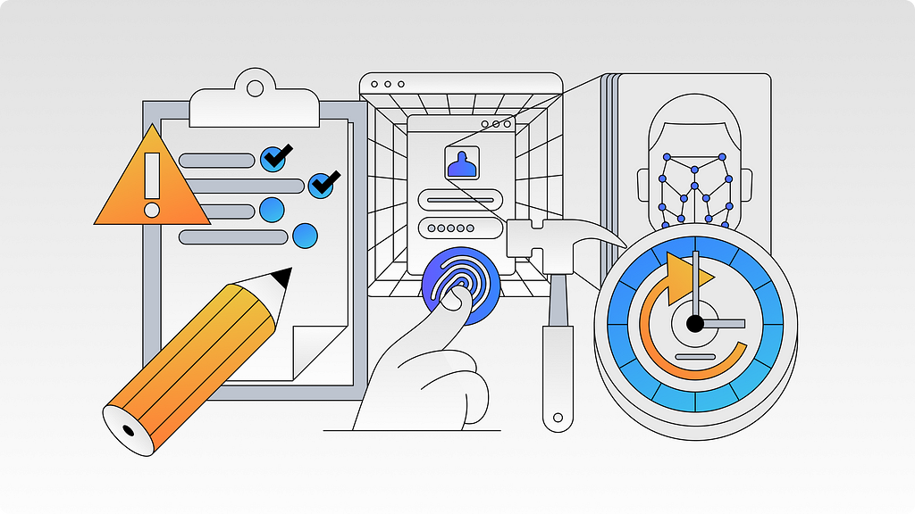 Featured illustration with diverse elements representing research and automation (e.g. pencil, clipboard, user interface, timer).