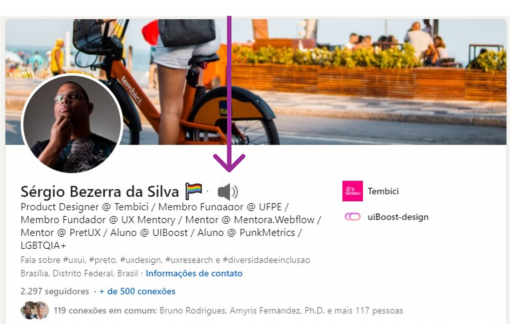 Imagem no perfil de Sérgio no Linkedin com suas informações pessoais e uma seta para mostra a localização da opção de pronúncia do nome cujo símbolo é um logo que lembra um alto falante de som.