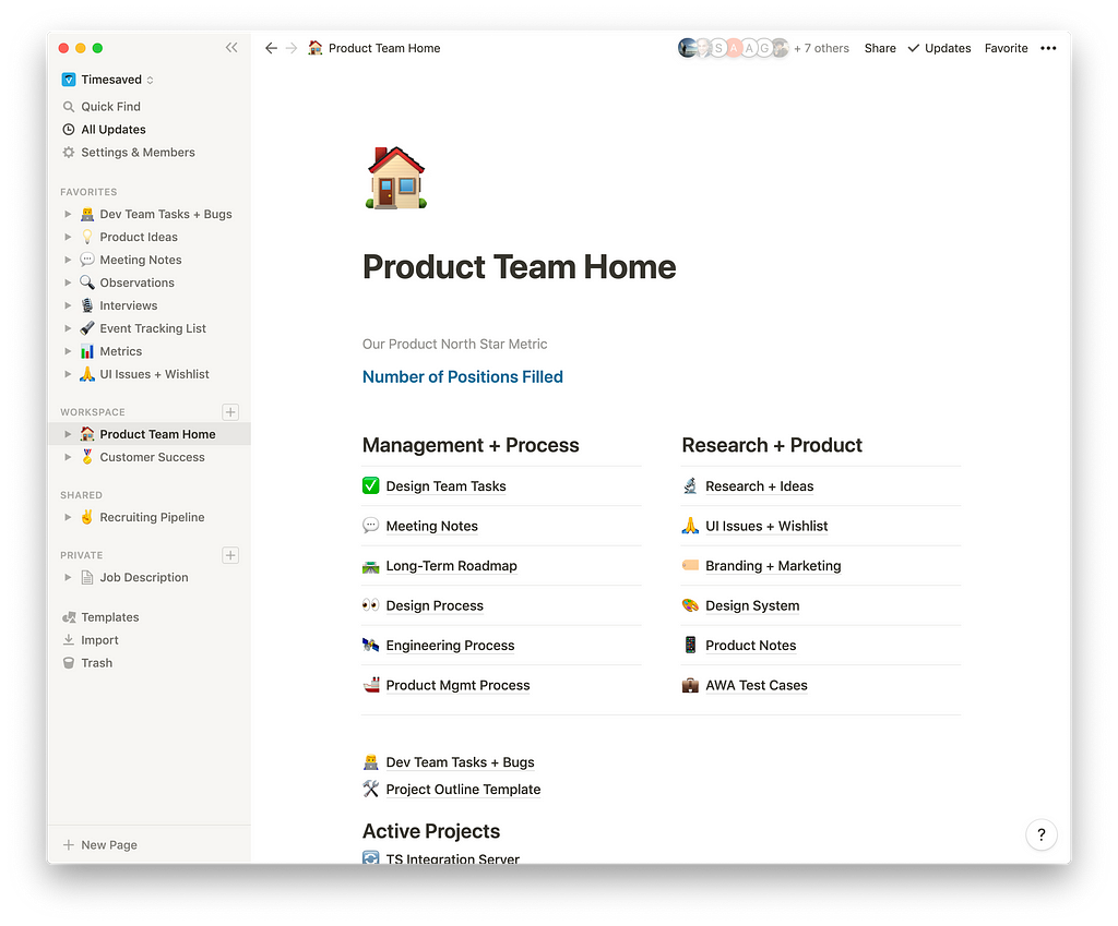 Screenshot of a Notion home page with product, design, and engineering sections