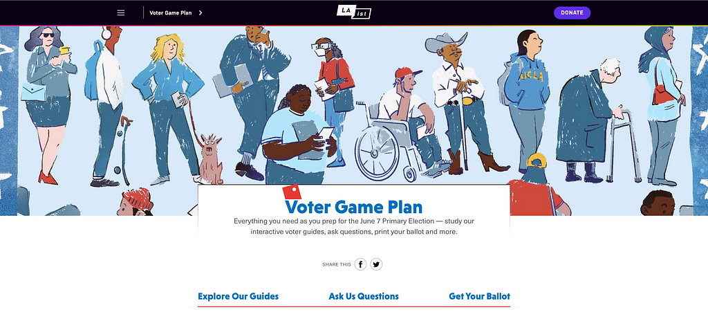 A screenshot of a website landing page. At the top is a black-and-white “LAist” logo and an illustration of several people standing on a street, presumably waiting in line to vote. The title reads: “Voter Game Plan.” The description underneath: “Everything you need as you prep for the June 7 Primary Election — study our interactive voter guides, ask questions, print your ballot and more.” Below that are three header links, reading: “Explore Our Guides,” “Ask Us Questions,” and “Get Your Ballot.”