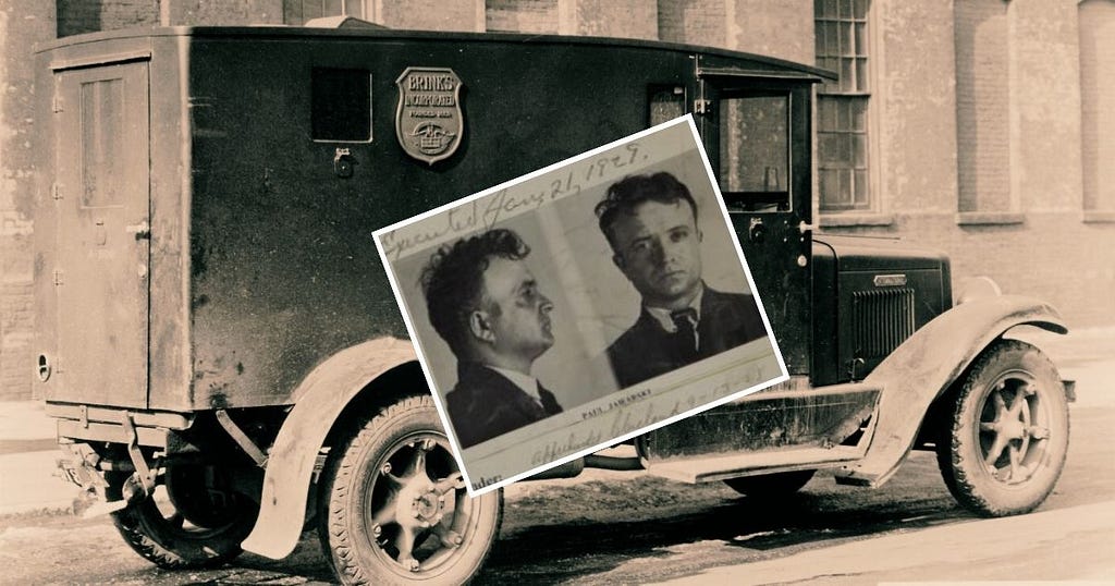 Photo of a 1927 Armored Truck along with a mugshot of Paul Jaworski