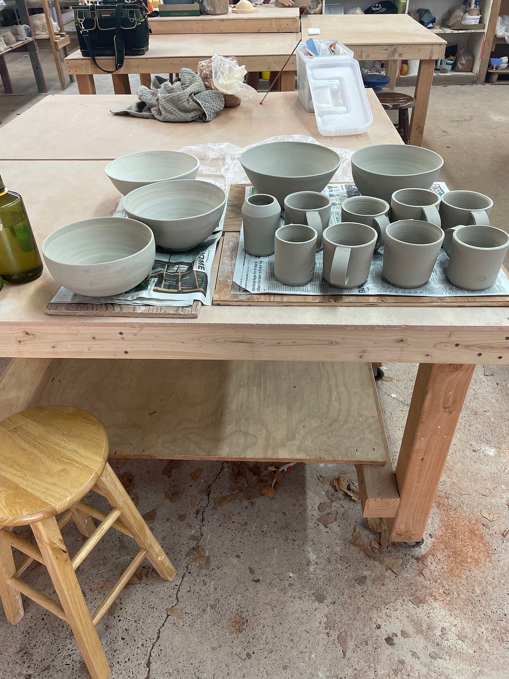 Ceramics drying on a table