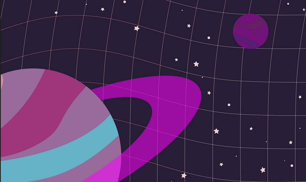 A purple planet with a ring and a purple moon against a starry background with a grid.