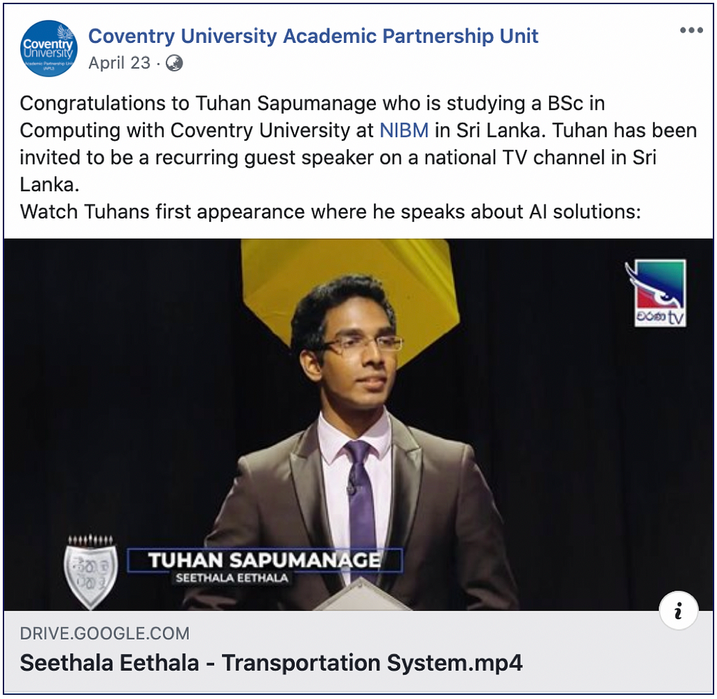 Featured on Coventry University Academic Partnership Unit Facebook Page: Tuhan Sapumanage — Artificial Intelligence — TVShow