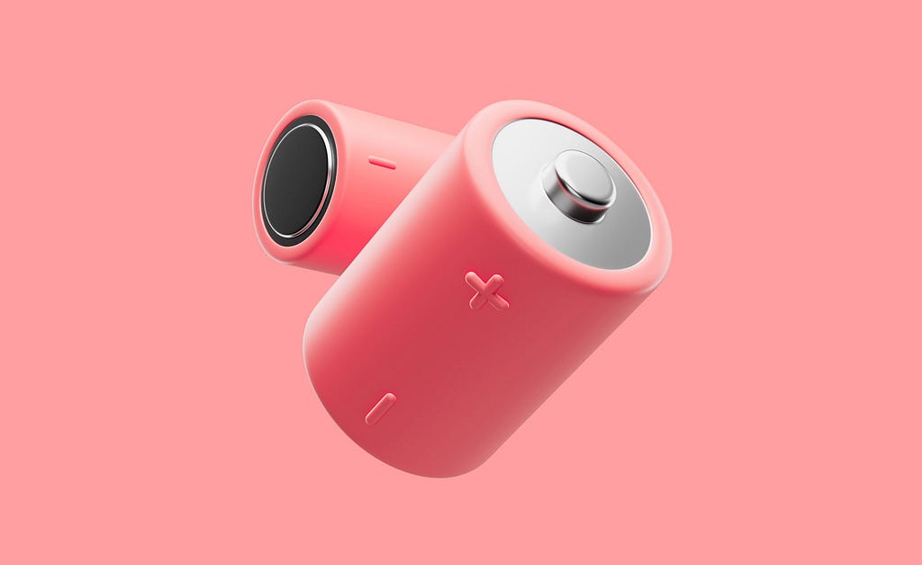 All in pink: two batteries, with plus and minus signs floating in the air with a pink background.