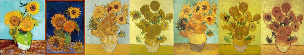 an arrangement of all Van Gogh’s sunflower paintings