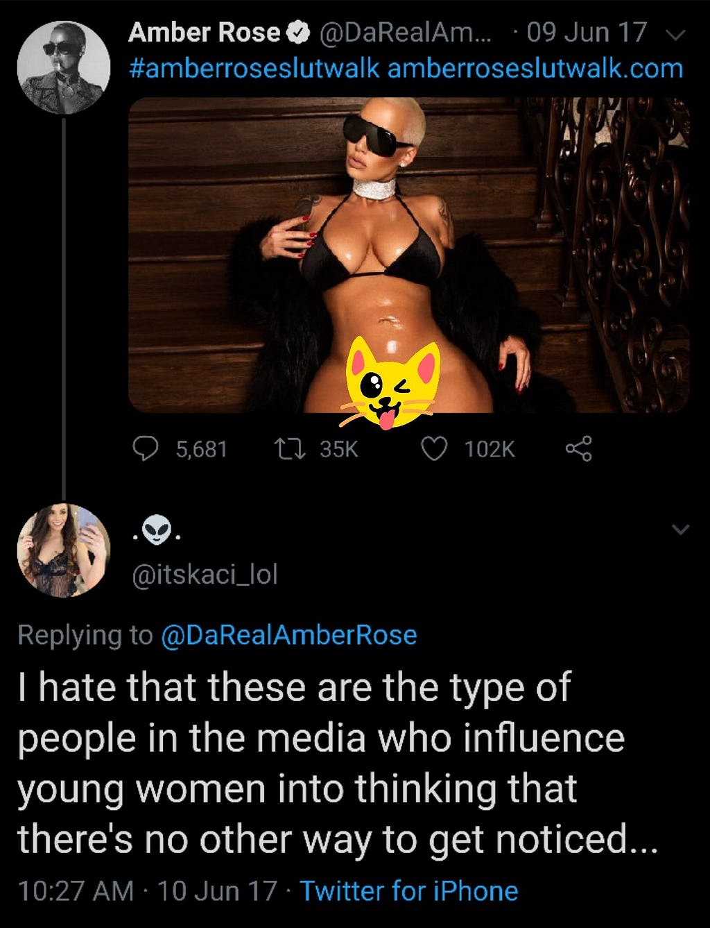 A woman’s negative and anti-feminist reply to Amber Rose’s tweet of herself mostly nude in order to promote her Slut-Walk.