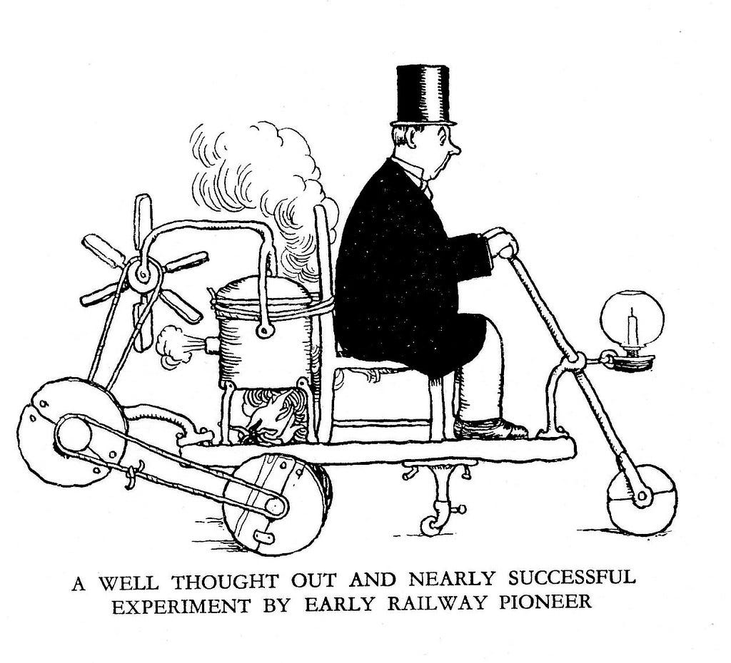 A photo of a man in a top hat riding a ridiculous contraption that he has invented.