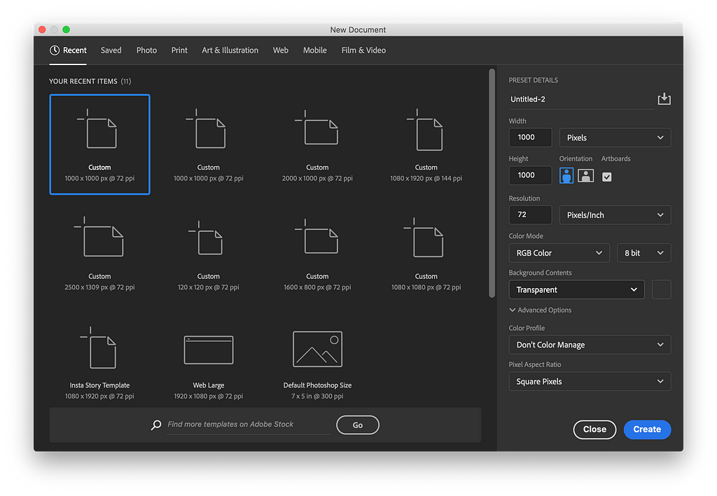 Step 1 for how to make a pattern in Photoshop: Create a new document with a transparent background and a square canvas at 1000 by 1000 pixels.