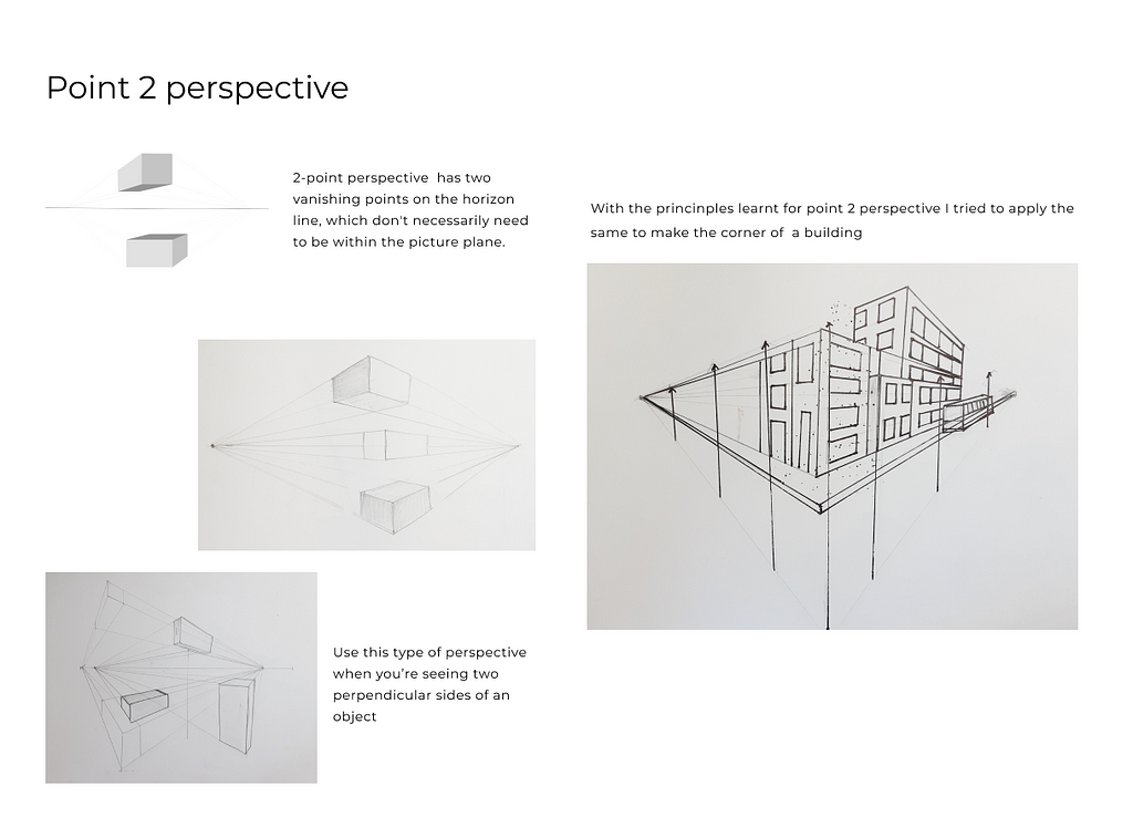 Point 2 perspective: Pictures of my rough explorations on left and what I learned in that. With the learnings I tried to draw the edges of a building. The picture of same is present on the right side of the divider