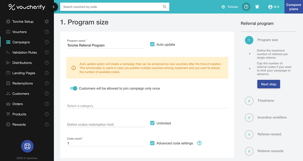 Setting up referral programme details in Voucherify