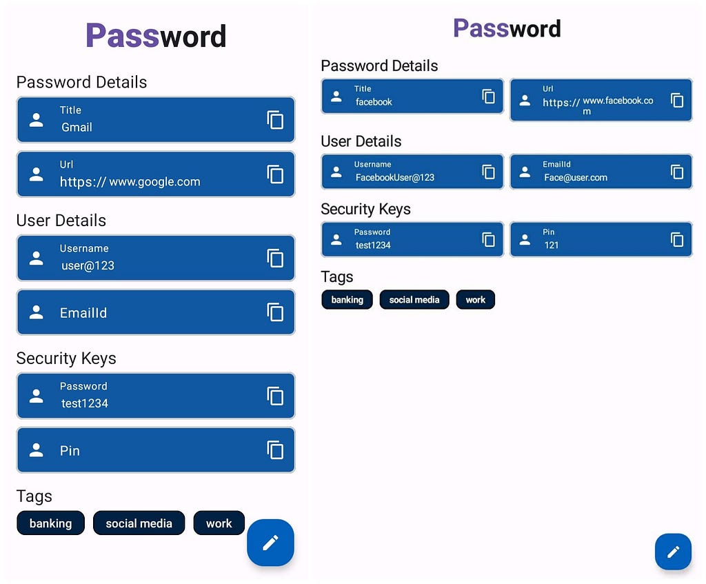 Detailed Password screen for Android mobile and 7-inch Android Tablet