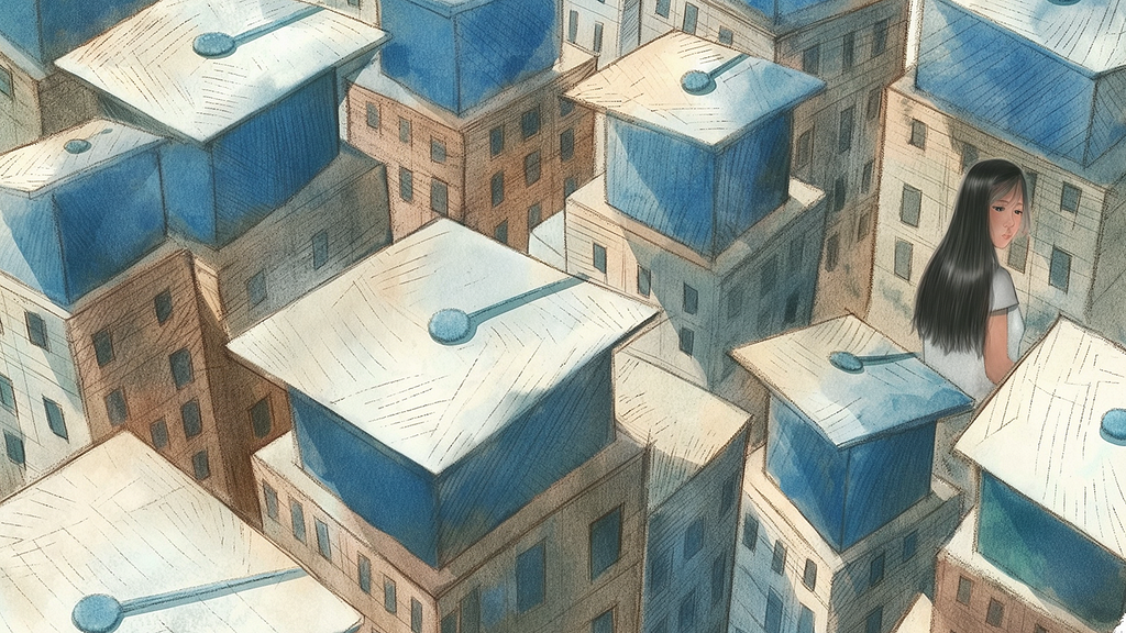 A girl peeking through a labyrinth of cubic buildings wearing graduate caps with sketched details on a toned background. Illustration.