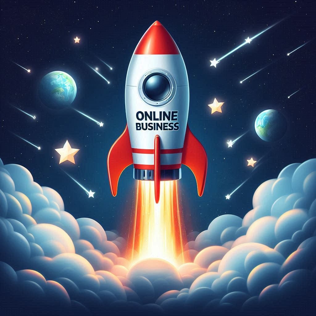 A cartoon rocket labeled “ONLINE BUSINESS” blasting off into a starry night sky, surrounded by planets, stars, and meteors. The rocket is breaking through clouds, symbolizing the rapid growth and success of an online business. This image visually represents the concept of “10 Easy Content Creation Tips to Skyrocket Your Online Business: A Comprehensive Guide”.