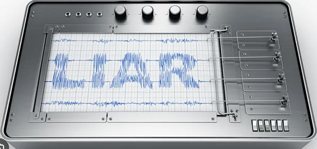 Lie detector machine that has the word liar scribbled on the paper that feeds from the machine when in use