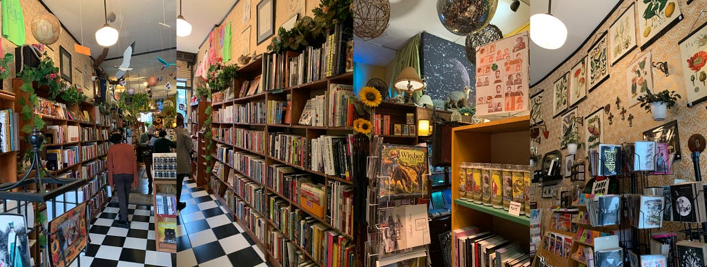 Four photos of a bookstore with full shelves of books, zines and more.