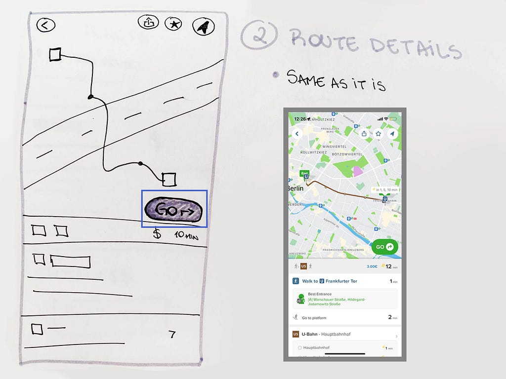 Route details prototype drawing and Citymapper screenshot