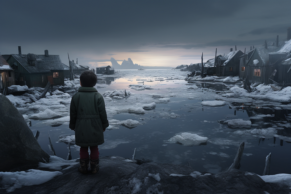 Young boy looks over a frozen ocean at twilight.