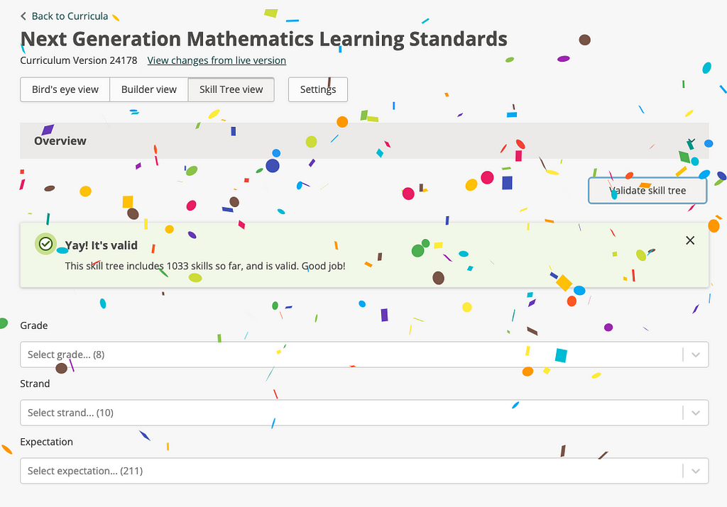 An image of the skill tree page, after a successful validation. Confetti is overlaid on the image indicating a successful validation.