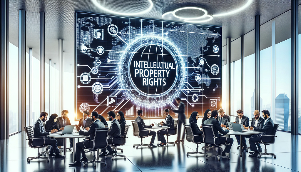 AI Image representing: a modern office in Saudi Arabia, showcasing a large digital screen with the text ‘Intellectual Property Rights’. The scene reflects a collaborative and innovative environment with professionals discussing and working on laptops.