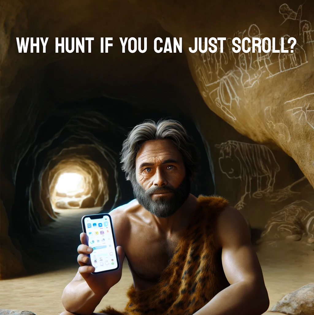 A humorous and thought-provoking image depicting a modern caveman holding a smartphone inside a cave. The caveman, dressed in a fur garment, sits against a backdrop of ancient cave paintings. He holds up the smartphone, displaying app icons, with a caption above reading ‘WHY HUNT IF YOU CAN JUST SCROLL?’ The image highlights the contrast between prehistoric survival methods and contemporary digital convenience, emphasizing the evolution of human lifestyle.