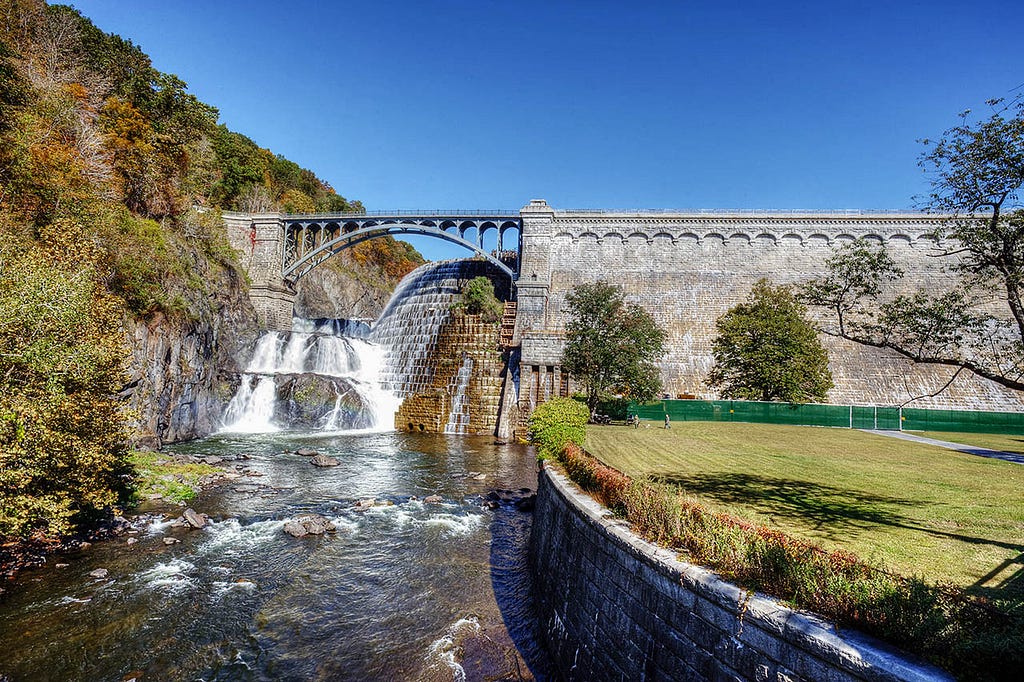 A scenic image of a stone arch bridge offering a passage over a wide river rushing towards a powerful waterfall. Surrounding trees and foliage add to the natural beauty of the scene.