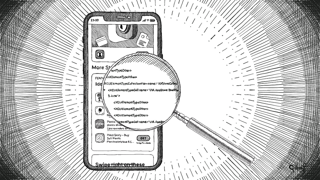 Magnifying glass above the phone showing accessibility identifiers