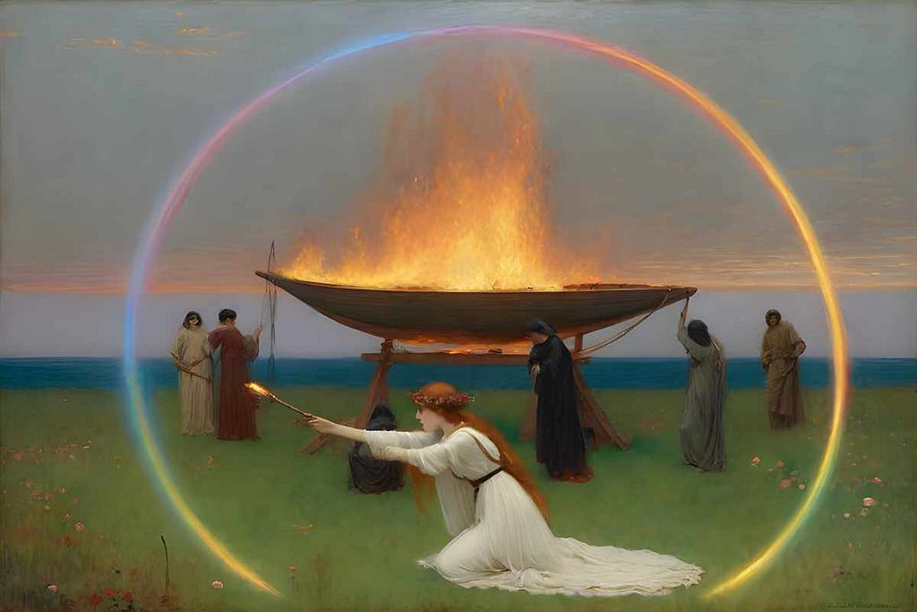 A  young sorceress creates a magic circle of rainbow-colored fire. A funereal Celtic boat, surrounded by mourners, burns in the background.