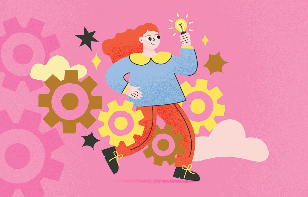 A person holding a lightbulb surrounded by gears
