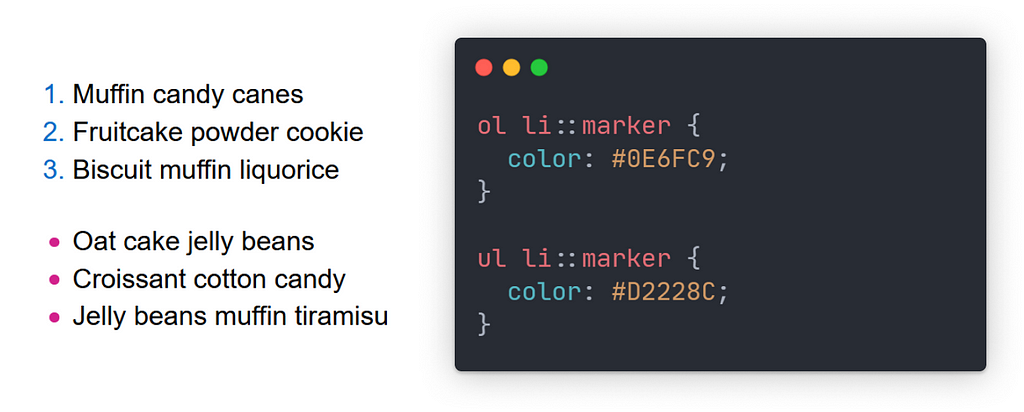 Code snippet with preview of ordered and unordered lists with colored markers.