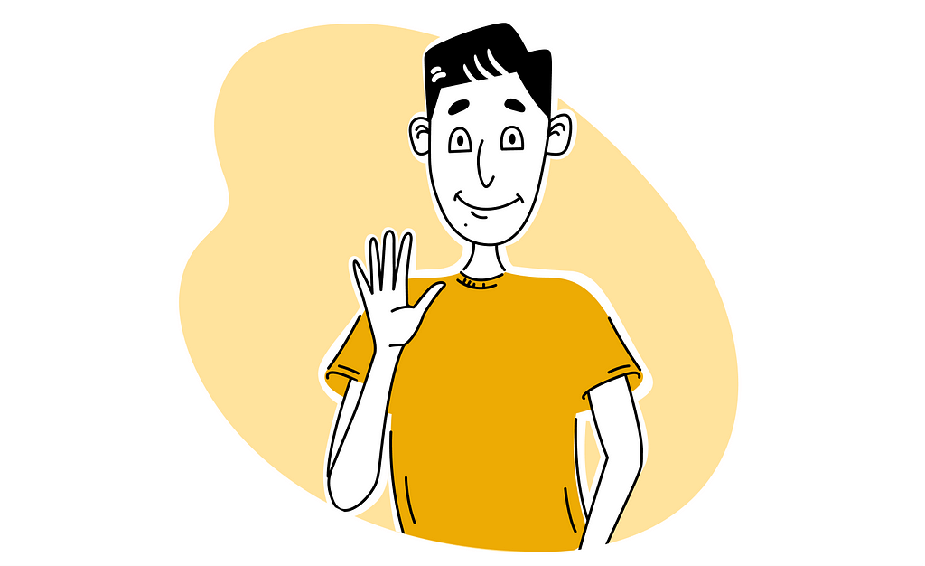 An illustration of the author wearing a yellow shirt holding up 5 fingers indicating the number of tips for founders in the article.