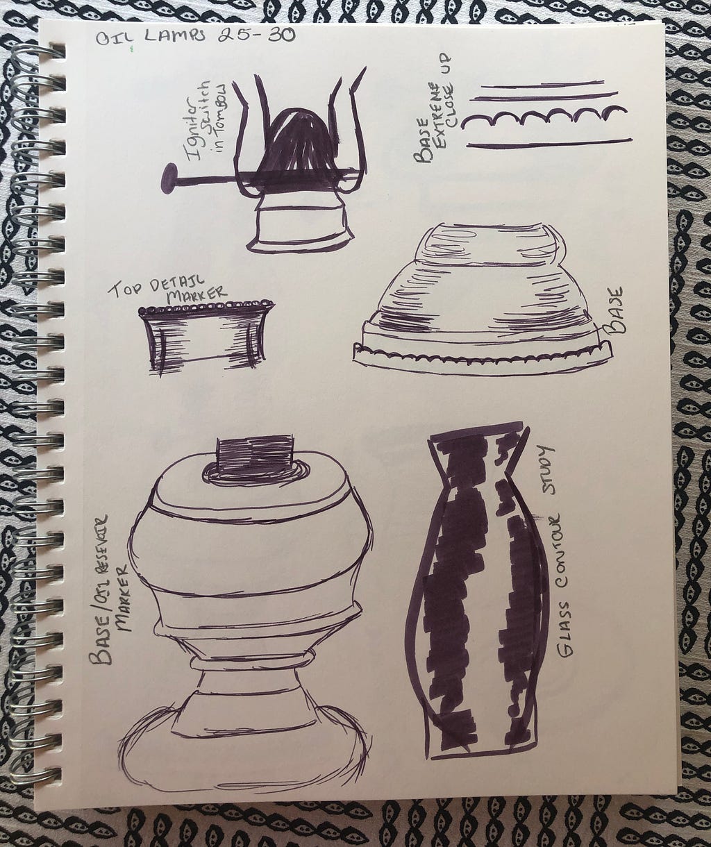 A series of sketches of parts of an oil lamp in purple marker.