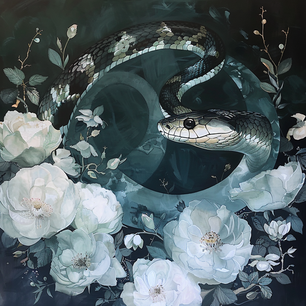 Ink wash painting, asnake, surrounded by flowers, dark grey and light emerald