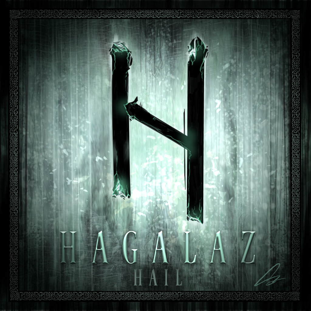 Digital Artwork of the Rune Hagalaz, featuring mainly a bright grey colour and the Rune shaped like an H.