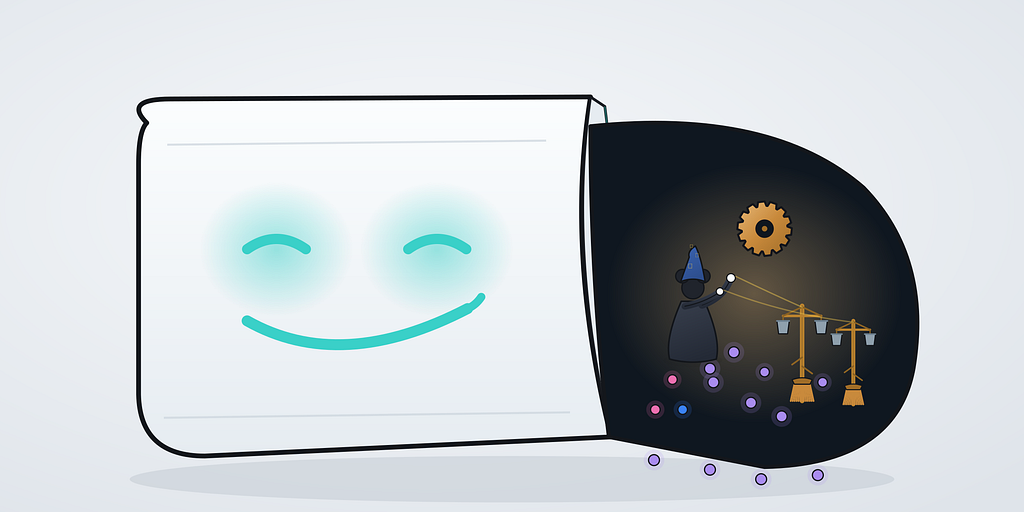 The interface is back to its smug smile. Inside, a sorcerer’s-apprentice figure in a pointed star hat conducts a pair of enchanted brooms hauling buckets, while tokens flood the cavity and spill over the edge.