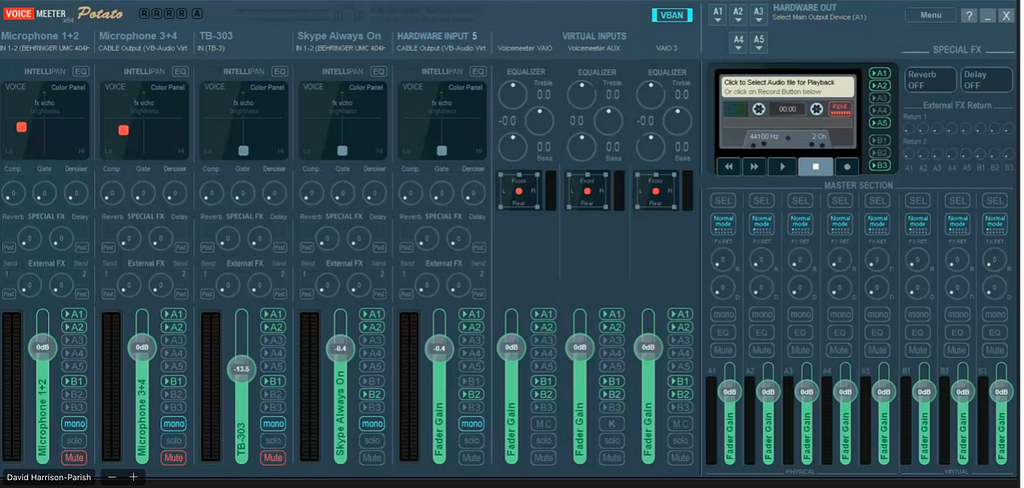 Screenshot of Voicemeeter Potato Virtual Audio Mixer for Windows, a virtual mixing desk with several sliders, dials and displays.
