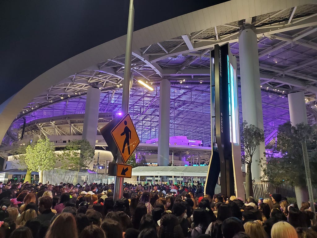 Stadium with purple lighting in background. Six metal detectors at gate entrance in distance. Street full of crowd of people tightly together.