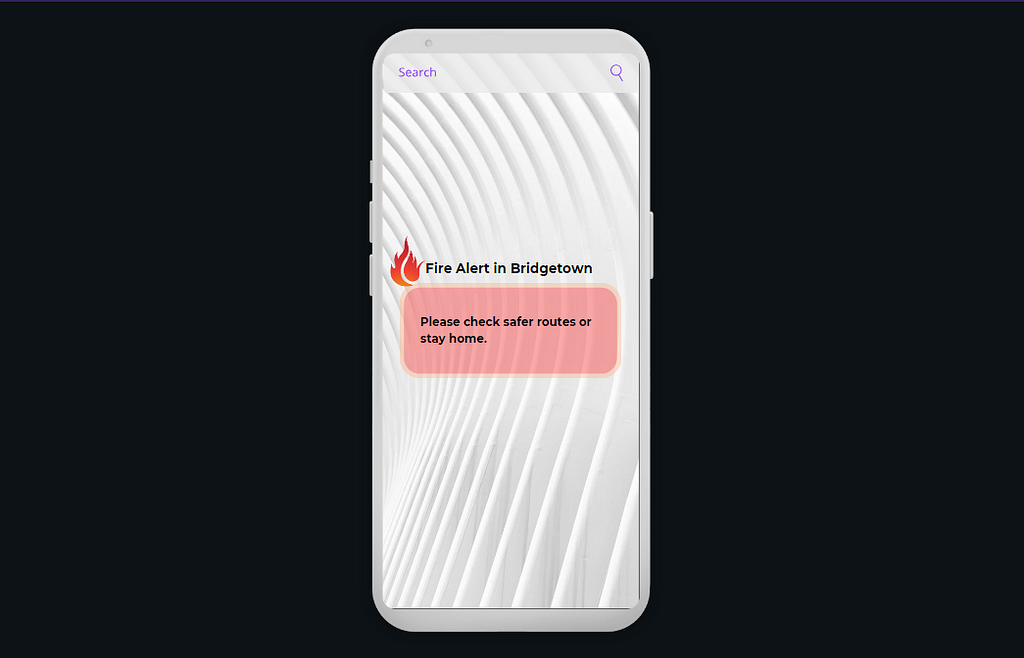 UX Writing prototype of fire alert message designed in Canva by Ashoomi