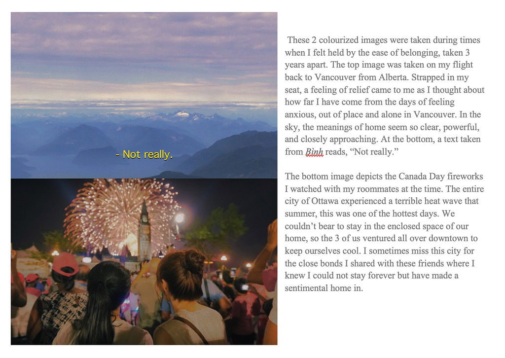 These 2 colourized images were taken during times when I felt held by the ease of belonging, taken 3 years apart. The top image was taken on my flight back to Vancouver from Alberta of the skyline. The bottom image depicts the Canada Day fireworks I watched with my roommates at the time.