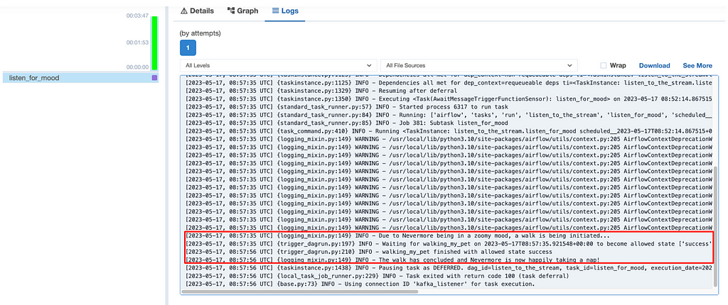 Airflow task logs showing the run of the TriggerDagRunOperator caused in by the `listen_to_mood` task in the `listen_to_the_stream` DAG.