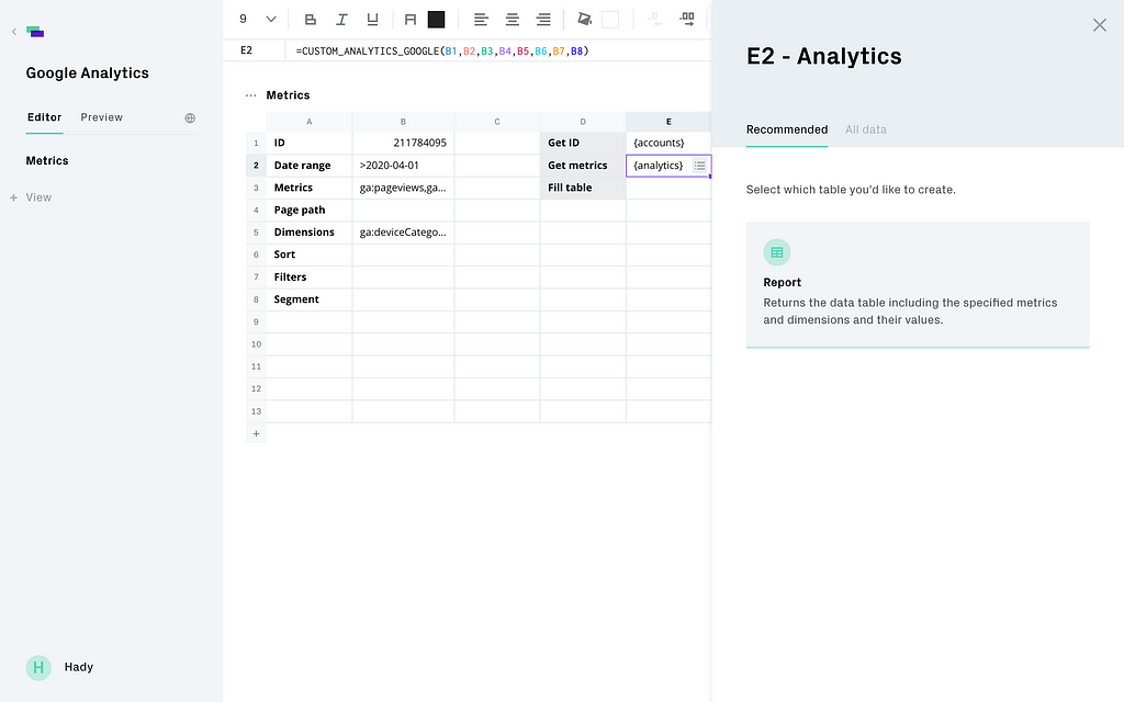 Google Analytics dashdash Recommended Tables