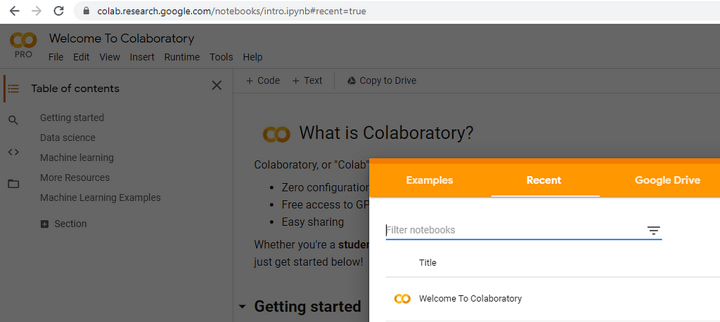 Screen capture detail of the Google Colab landing page with a modal dialog open for selecting a notebook.